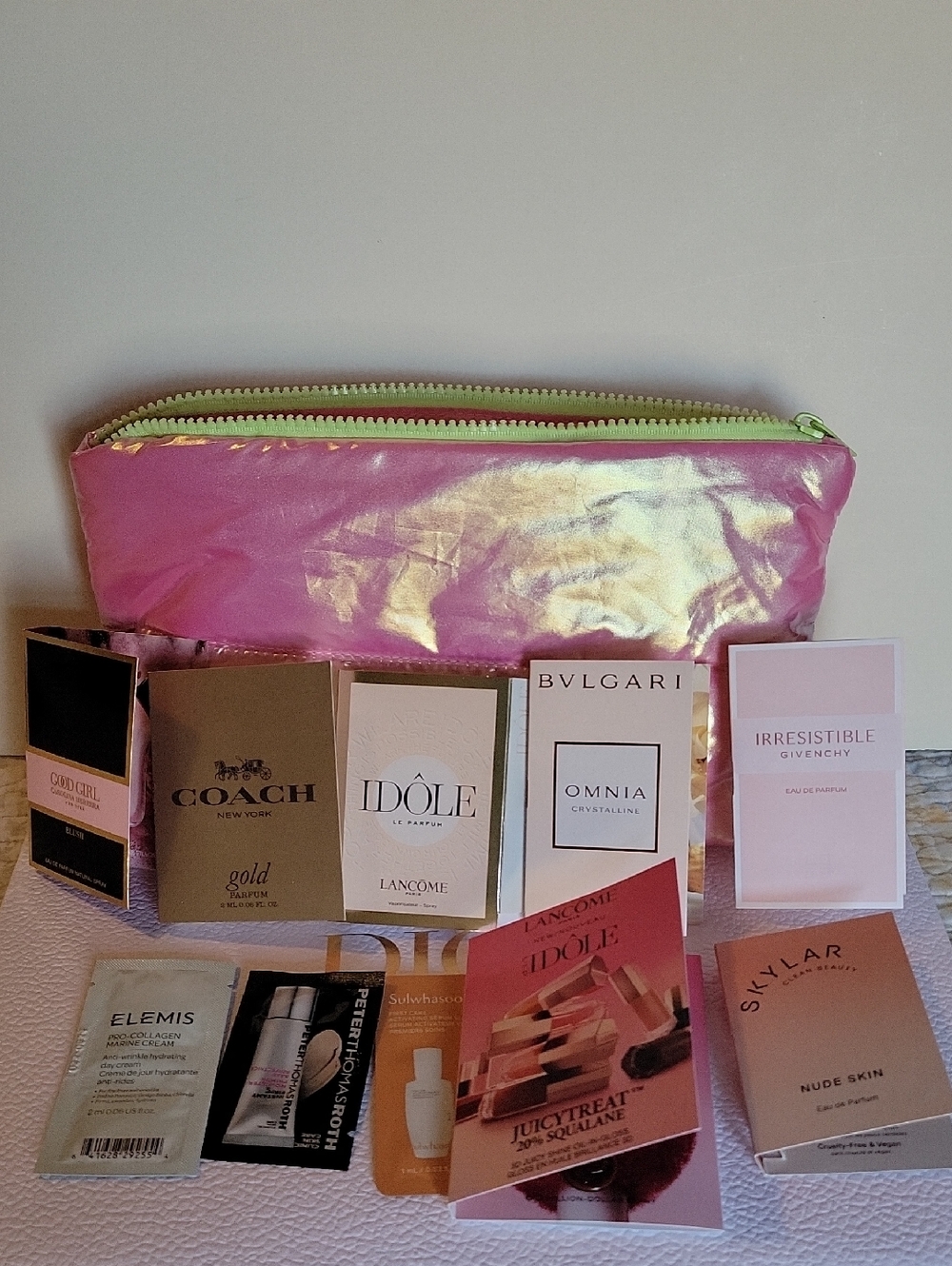 Pink Holographic Cosmetic Pouch with  Sample Set From MACY'S